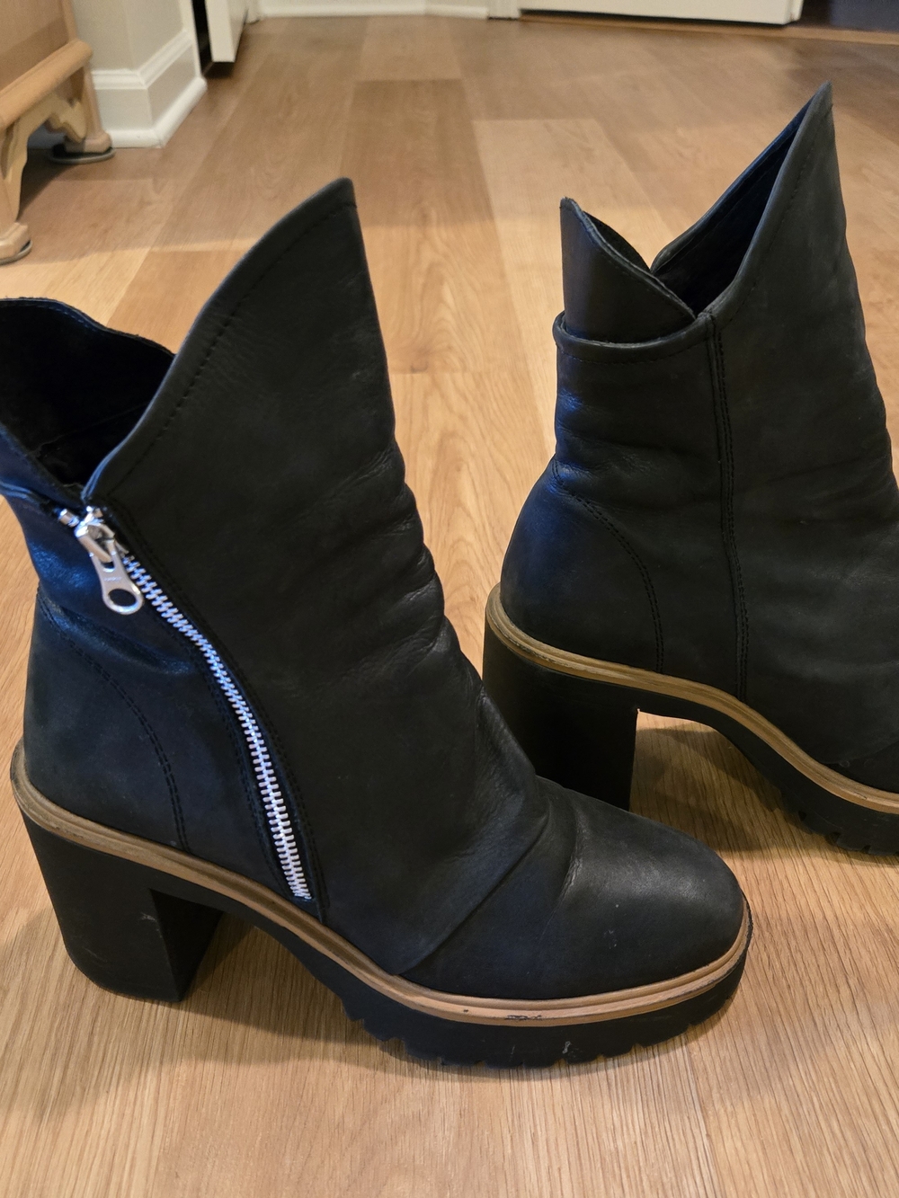 Free People Black Leather Platform Ankle Boots with Silver Zipper